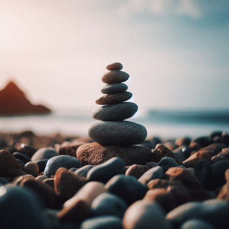 Stack of zen stones on the beach at sunset. Zen conceptの素材