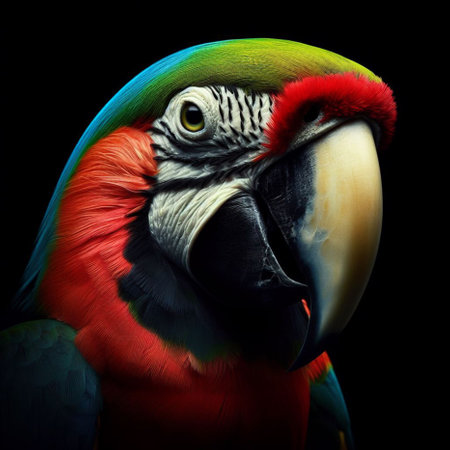beautiful macaw parrot isolated on black background close-upの素材