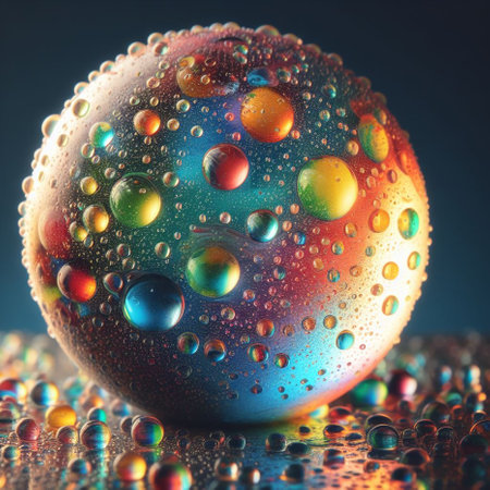 Colorful abstract background with water drops on a glass sphere. Macro.の素材