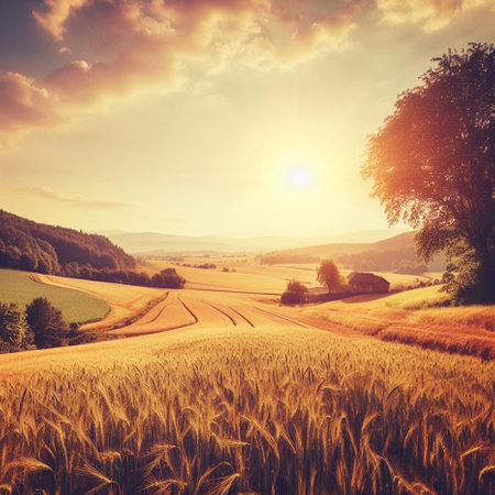 Sunset over wheat field in Czech Republic. Retro style toned pictureの素材