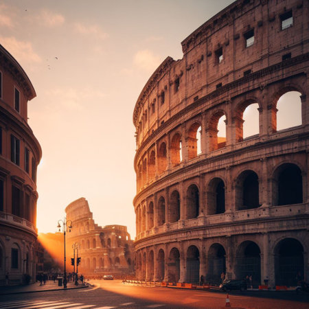 Colosseum in Rome at sunset, Italy. Vintage styleの素材