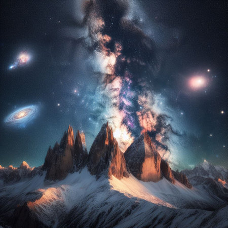 Fantastic landscape with mountains, stars and nebula. 3d renderingの素材