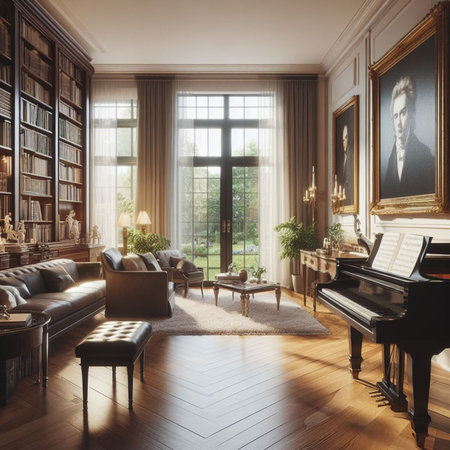 Luxury interior of living room with piano, sofa and armchair. 3d renderの素材
