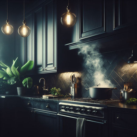 Modern dark kitchen interior with black furniture. 3d render. Toned imageの素材