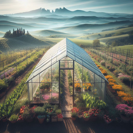 Greenhouse in the valley with beautiful flowers in the foreground. 3d renderingの素材