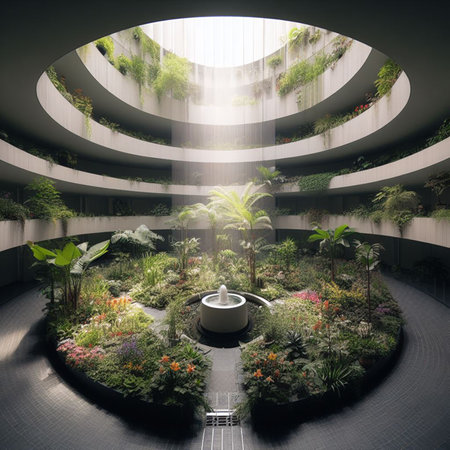 3d rendering of a garden inside a building in the city.の素材