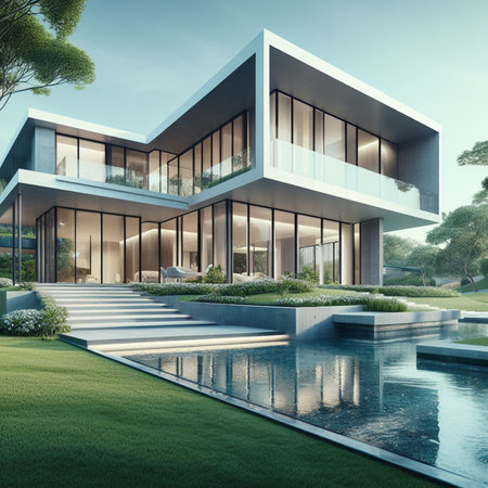 3d rendering of modern cozy house with pool and parking for sale or rent in luxurious style.の素材