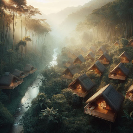 Beautiful bamboo houses in the forest and a small river in the morningの素材