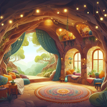 Interior of a fairy-tale room in the mountains. Illustrationの素材