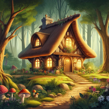 Cartoon fairy tale scene with a wooden house in the forest - illustration for childrenの素材