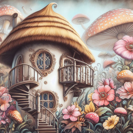 Fantasy house with mushrooms and wooden stairs. Fairy tale illustration.の素材