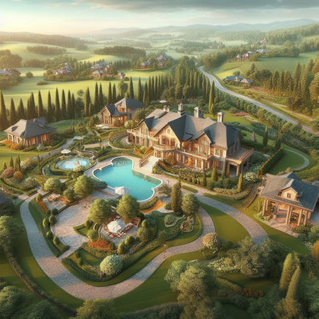 Beautiful villa in the countryside. View from above. 3d renderingの素材