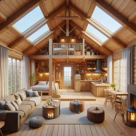 Interior of a wooden house with a living room. 3D renderingの素材