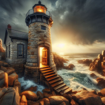 Lighthouse in the sea at sunset, 3d render illustration.の素材