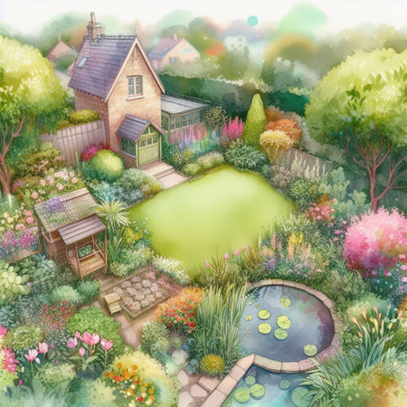Watercolor garden with pond, house and flowers. Illustration.の素材