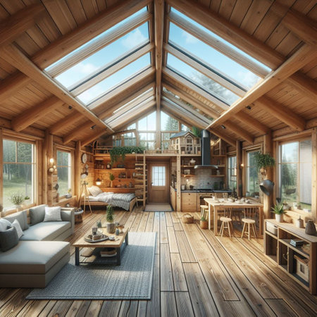 Interior of a modern wooden house. 3D render. 3D illustrationの素材