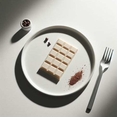 White chocolate on a white plate with a fork and cocoa powder.の素材