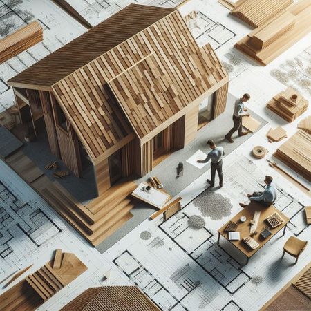 Top view of two businesspeople standing near wooden houses on construction site. 3D renderingの素材