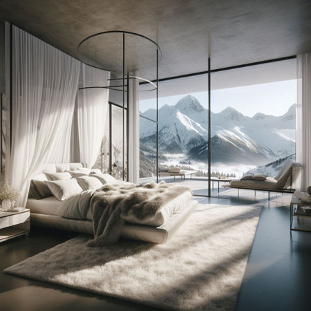 Luxury bedroom interior with mountain view. 3D Renderingの素材