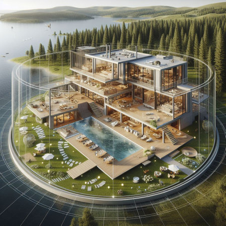 3d rendering of modern cozy house with pool and parking for sale or rent in the middle of the forestの素材