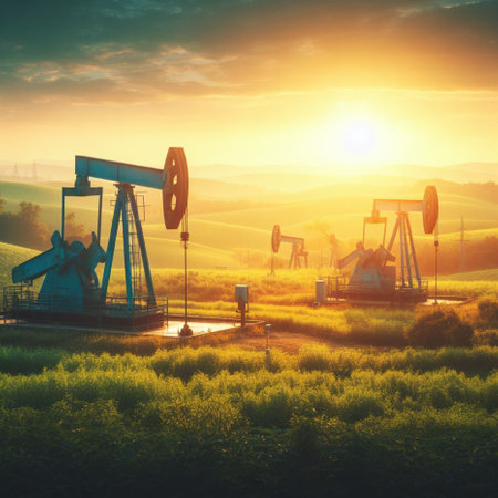 Oil pumps in the field at sunset. Oil industry. Oil industry equipment.の素材