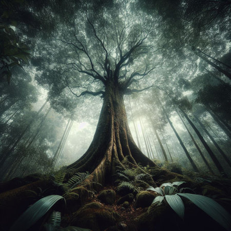 Giant tree in the rainforest with fog. 3d renderの素材