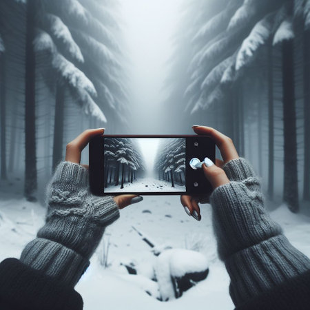 Hands holding a smartphone taking a picture of a forest in winter.の素材