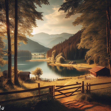 Beautiful lake in the mountains in the evening. Vintage style.の素材