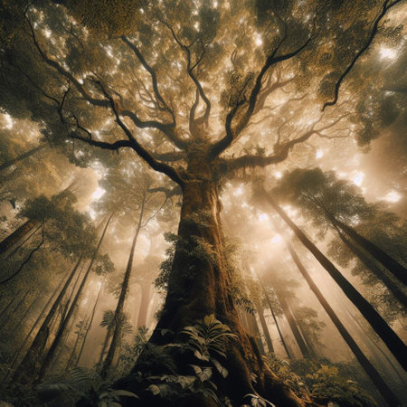 Giant tree in the forest with fog and sunbeams.の素材