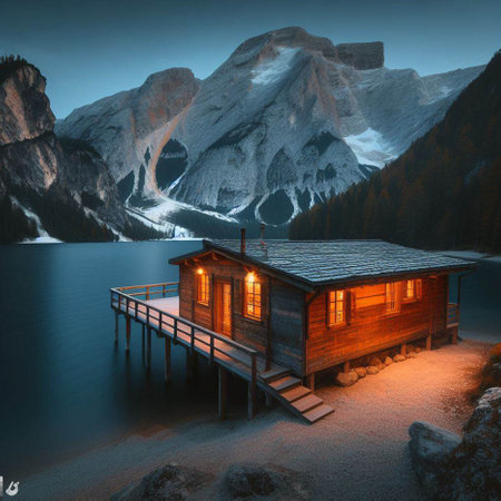 Wooden cottage on the lake in the mountains. 3d renderingの素材