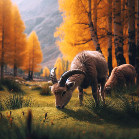 Barbary sheep in the alpine meadow in autumn.の素材
