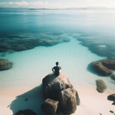 Young woman meditating on a rock on the beach at Seychellesの素材