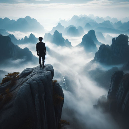Man standing on the edge of a cliff and looking at the misty valleyの素材