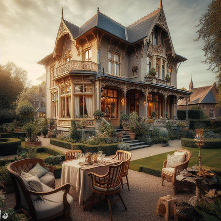 Luxury house in the garden at sunset, vintage style.の素材