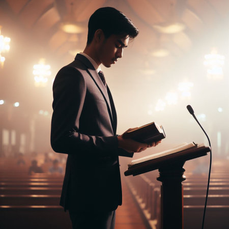 Young asian man in suit reading a book in a church.の素材