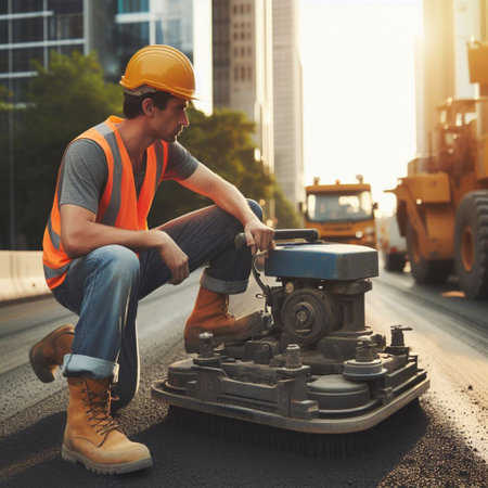 Worker with a road roller on the background of a construction siteの素材