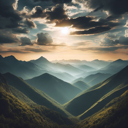 Mountain landscape. Sunrise over the valley. Beautiful summer scenery.の素材