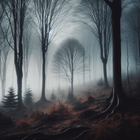 Mysterious dark forest with fog, 3d rendering. Computer digital drawing.の素材