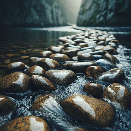 Pebble path in the mountain river. Landscape with stones in the water.の素材