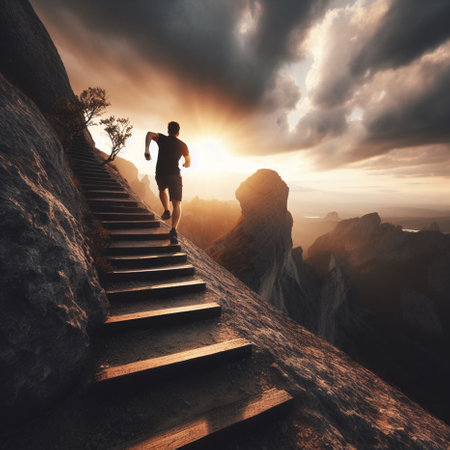 Runner athlete running up on mountain stairs at sunset. Sport fitness and healthy lifestyle concept.の素材