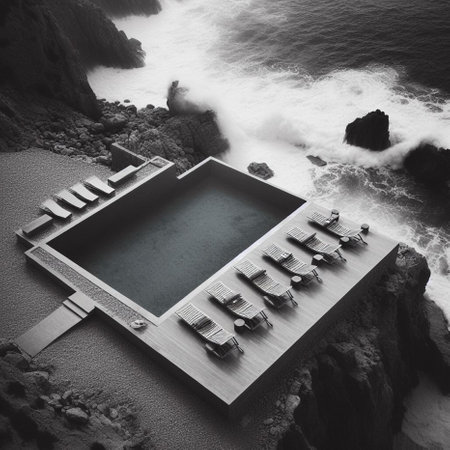 Black and white image of a swimming pool on the beach in Hawaiiの素材