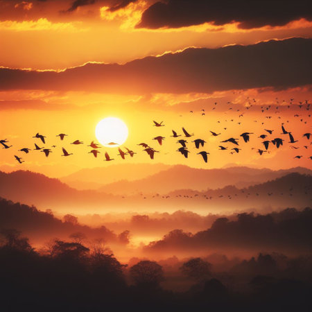 Flock of birds flying in the sky at sunrise. Nature backgroundの素材