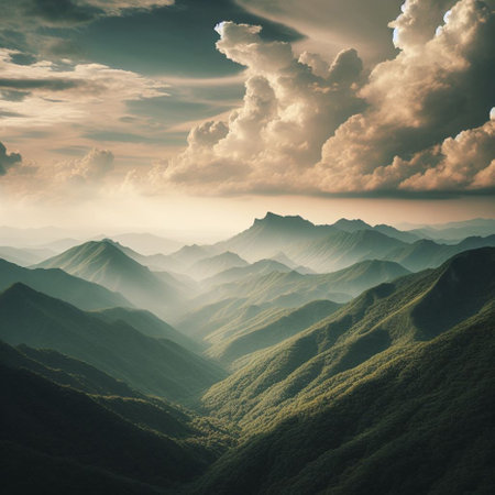 Mountain landscape with clouds in the sky. 3d illustration.の素材