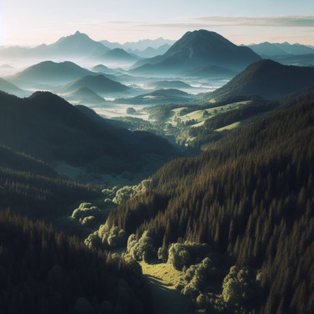 Foggy morning in the mountains. Carpathians, Ukraine, Europeの素材