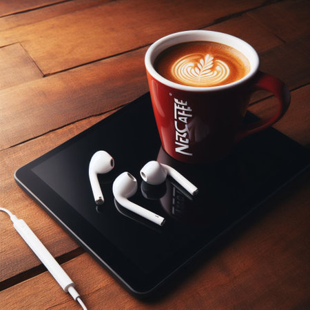 Cup of coffee and headphones on a wooden table. Top viewの素材