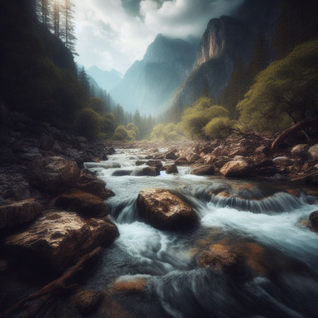 Landscape of a mountain river flowing through a valley in the Sierra Nevada mountainsの素材