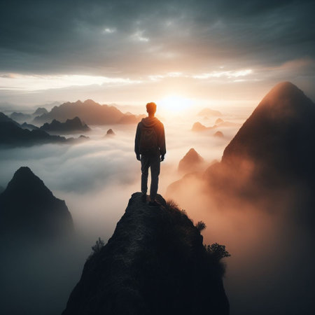 Man standing on the edge of cliff and looking at the misty landscapeの素材