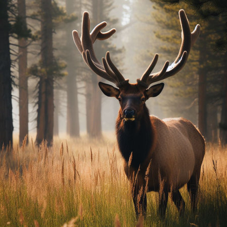 Bull elk in the forest during the sunrise. Beautiful animal portrait.の素材