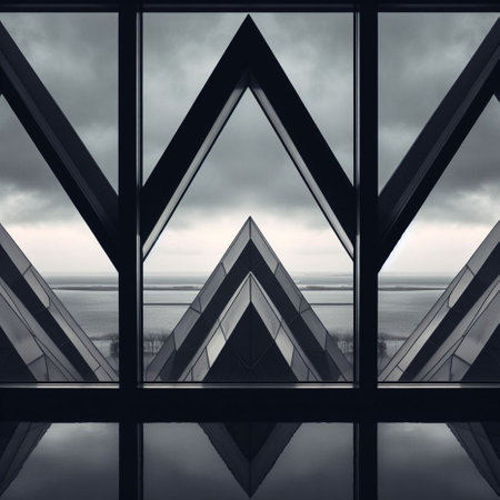 Reflection in the window of a modern building. 3D renderingの素材
