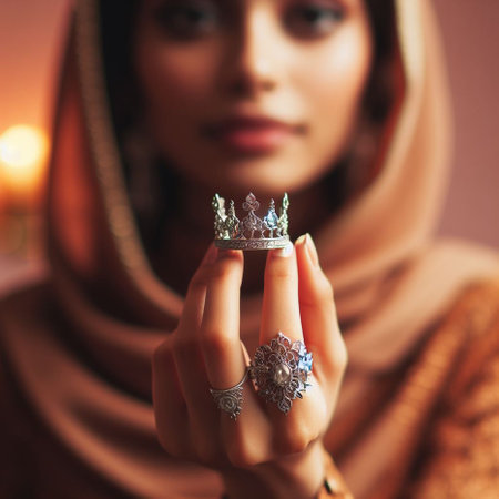Closeup portrait of a beautiful woman with a crown on her handの素材